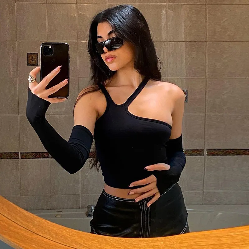 Women Cool Shoulder Irregular Slim Crop Top Solid Color Pullover