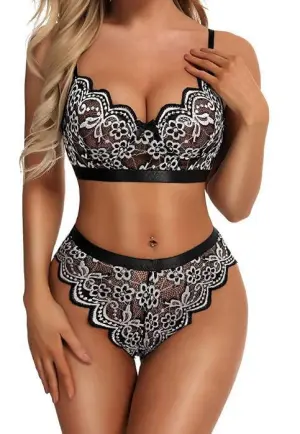 Women Sexy High Elastic Mesh See-through Lace Patchwork Bra And Panty Lingerie Set
