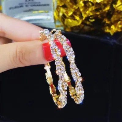 Women Fashion Exaggerated Twisted Alloy Diamond Hoop Earrings