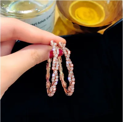 Women Fashion Exaggerated Twisted Alloy Diamond Hoop Earrings