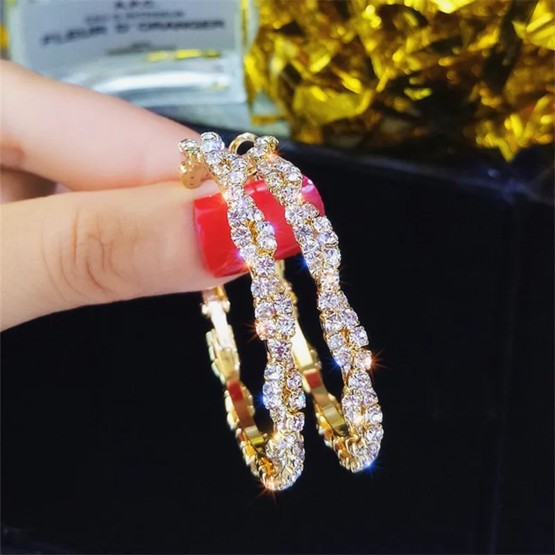 Women Fashion Exaggerated Twisted Alloy Diamond Hoop Earrings