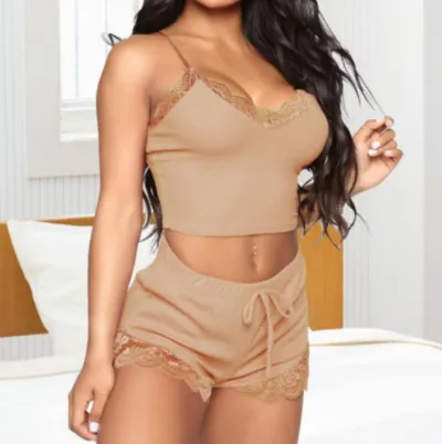 Women's Edgy Casual Lace Patchwork Sleeveless Crop Top And Shorts Pajamas Set