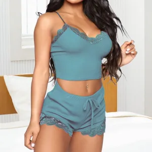 Women's Edgy Casual Lace Patchwork Sleeveless Crop Top And Shorts Pajamas Set