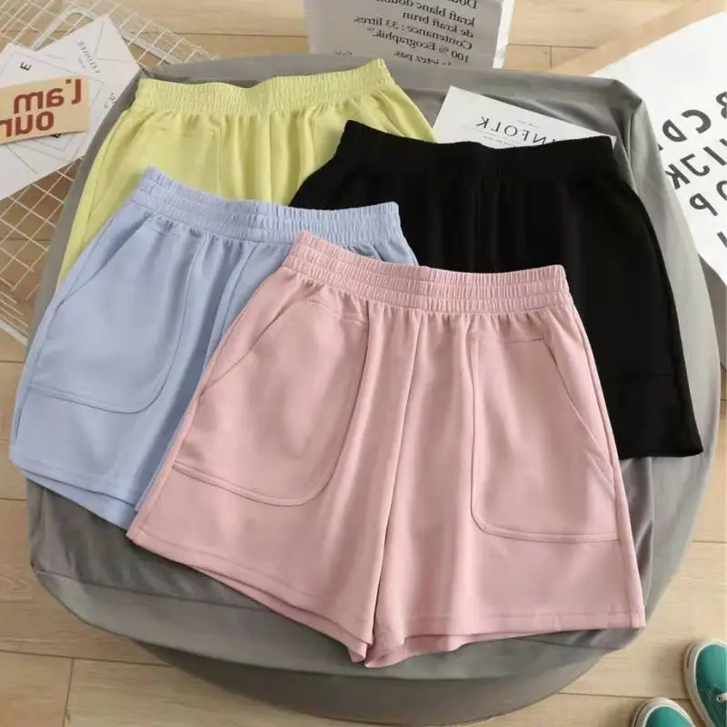 Women Athleisure Casual Summer High Waist Loose Wide Leg Solid Color Sports Shorts