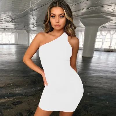 Women Basic Edgy Summer Solid Color One Shoulder Sleeveless Dress
