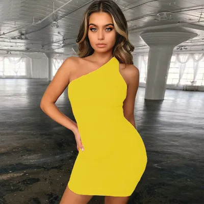 Women Basic Edgy Summer Solid Color One Shoulder Sleeveless Dress