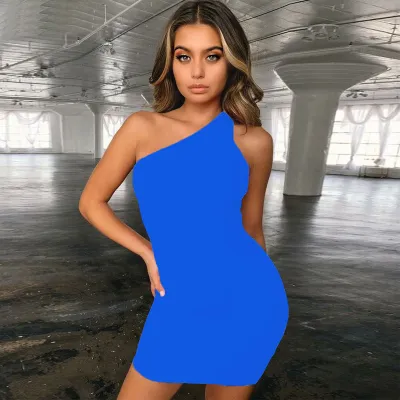 Women Basic Edgy Summer Solid Color One Shoulder Sleeveless Dress