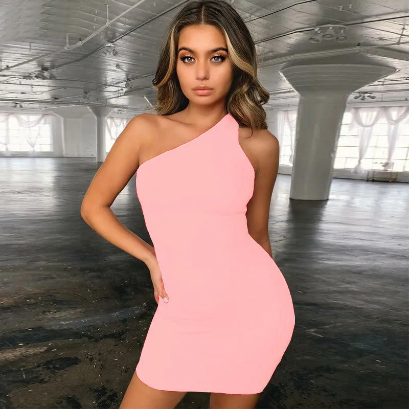 Women Basic Edgy Summer Solid Color One Shoulder Sleeveless Dress