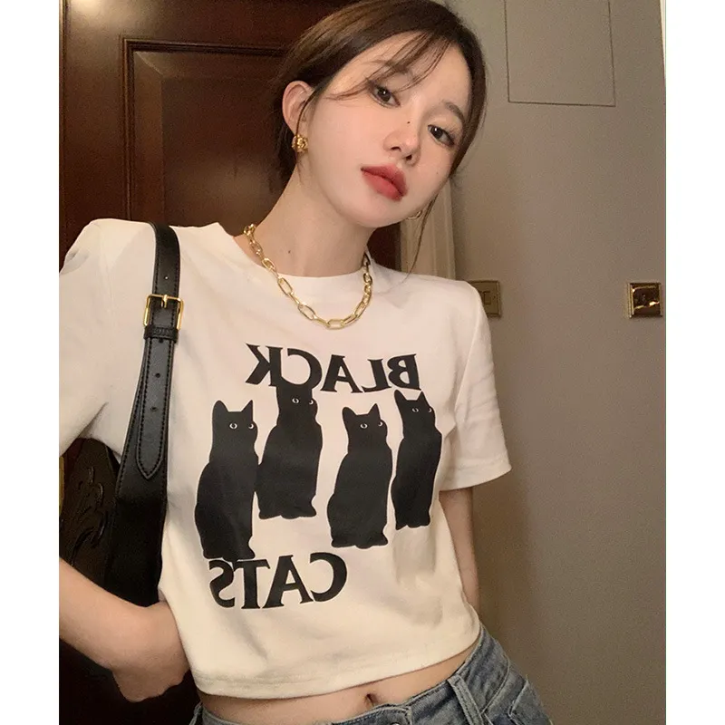 Women Casual Cat Printed Cropped T-Shirt Slim Fit Cotton Pullover
