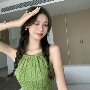 Women Sexy Solid Color Backless Halter Neck Knitted Camisole