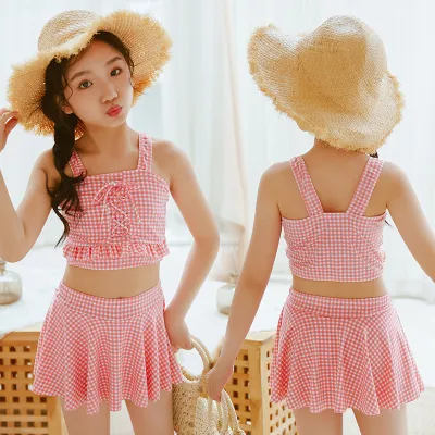 Kids Toddler Girls Fashion Split Check Swimsuit Polyester Beachwear
