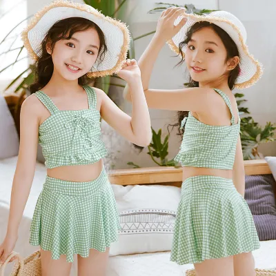 Kids Toddler Girls Fashion Split Check Swimsuit Polyester Beachwear