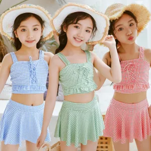 Kids Toddler Girls Fashion Split Check Swimsuit Polyester Beachwear