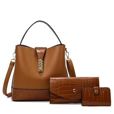 Women Fashion Large Capacity PU Bucket Bag Set with Lock Closure