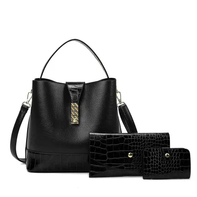 Women Fashion Large Capacity PU Bucket Bag Set with Lock Closure