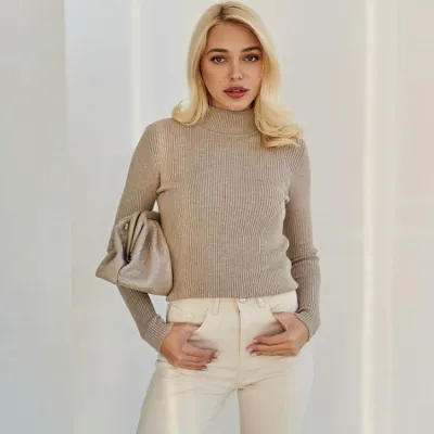 Women Basic Long Sleeve Turtleneck Solid Color Slim Knitwear