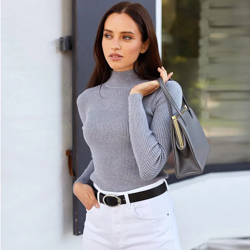 Women Basic Long Sleeve Turtleneck Solid Color Slim Knitwear