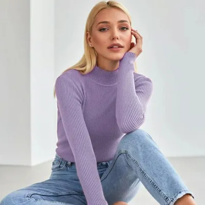 Women Basic Long Sleeve Turtleneck Solid Color Slim Knitwear
