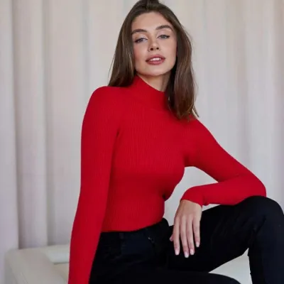 Women Basic Long Sleeve Turtleneck Solid Color Slim Knitwear