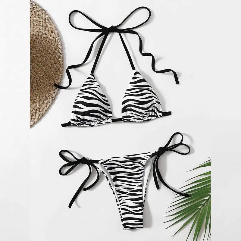 Women Print Stripe Lace-Up Two Pieces Bikini Swimwear