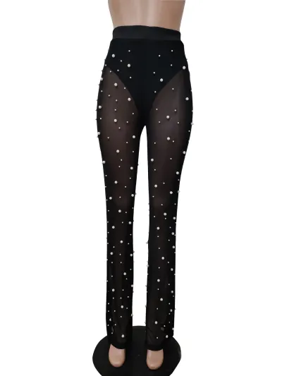 Women Elastic Mesh Gauze Bubble Beads Decorated Straight Trousers