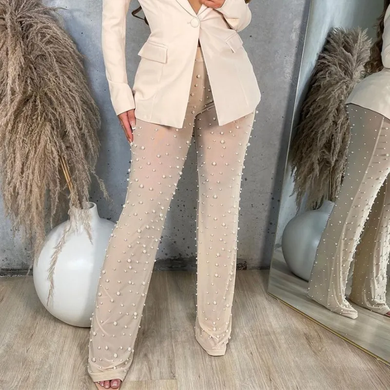Women Elastic Mesh Gauze Bubble Beads Decorated Straight Trousers
