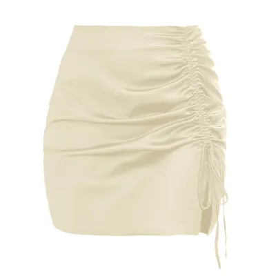 Women Solid Color Pleated Side Lace-Up Satin Skirt
