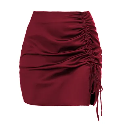 Women Solid Color Pleated Side Lace-Up Satin Skirt