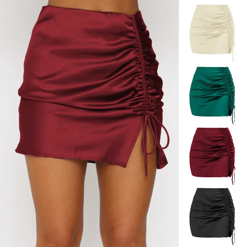 Women Solid Color Pleated Side Lace-Up Satin Skirt