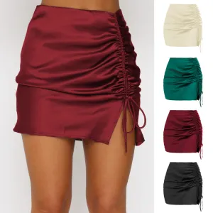 Women Solid Color Pleated Side Lace-Up Satin Skirt