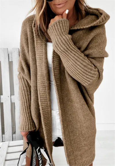Women Casual Solid Color Long Sleeve Hooded Soft Loose Knitted Cardigan