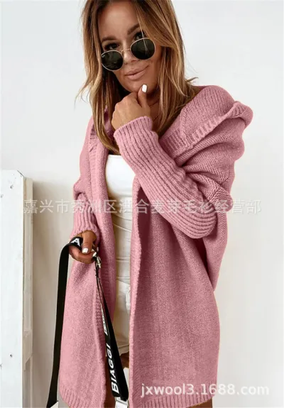 Women Casual Solid Color Long Sleeve Hooded Soft Loose Knitted Cardigan