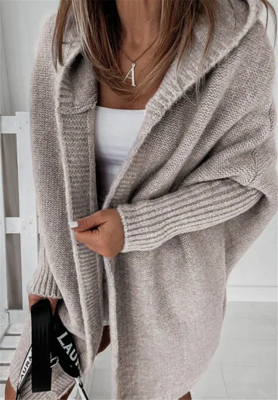 Women Casual Solid Color Long Sleeve Hooded Soft Loose Knitted Cardigan