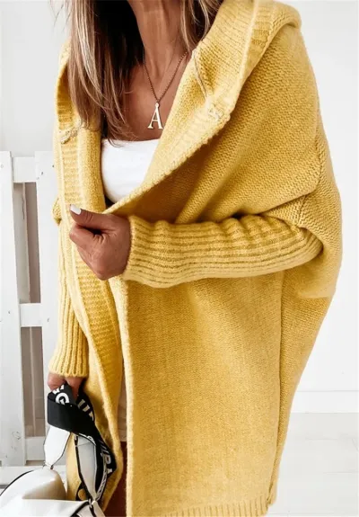 Women Casual Solid Color Long Sleeve Hooded Soft Loose Knitted Cardigan