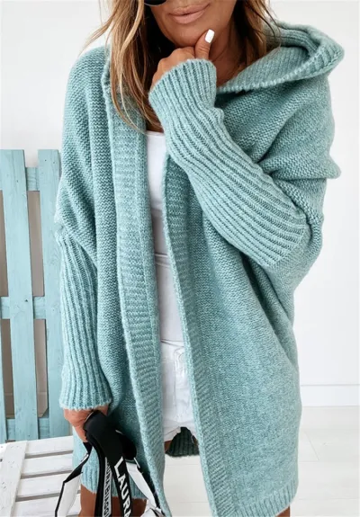 Women Casual Solid Color Long Sleeve Hooded Soft Loose Knitted Cardigan