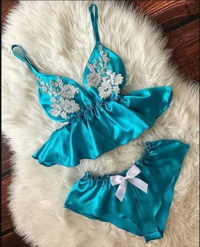 Women Edgy Casual Sleeveless Lace Patchwork Satin Crop Top And Shorts Pajamas Set