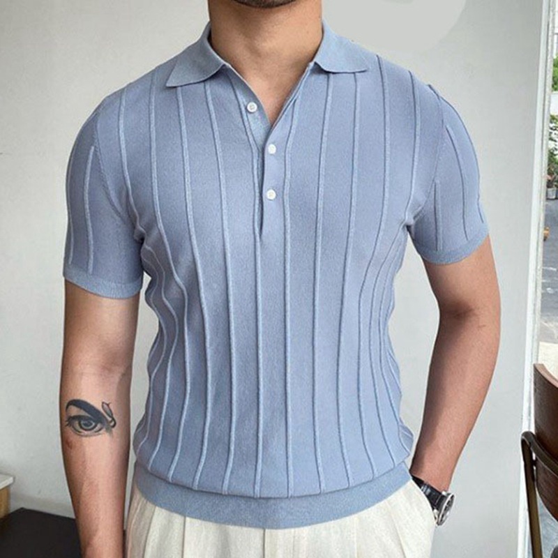 Wholesale Men Casual Short Sleeve Lapel Light Blue Vertical