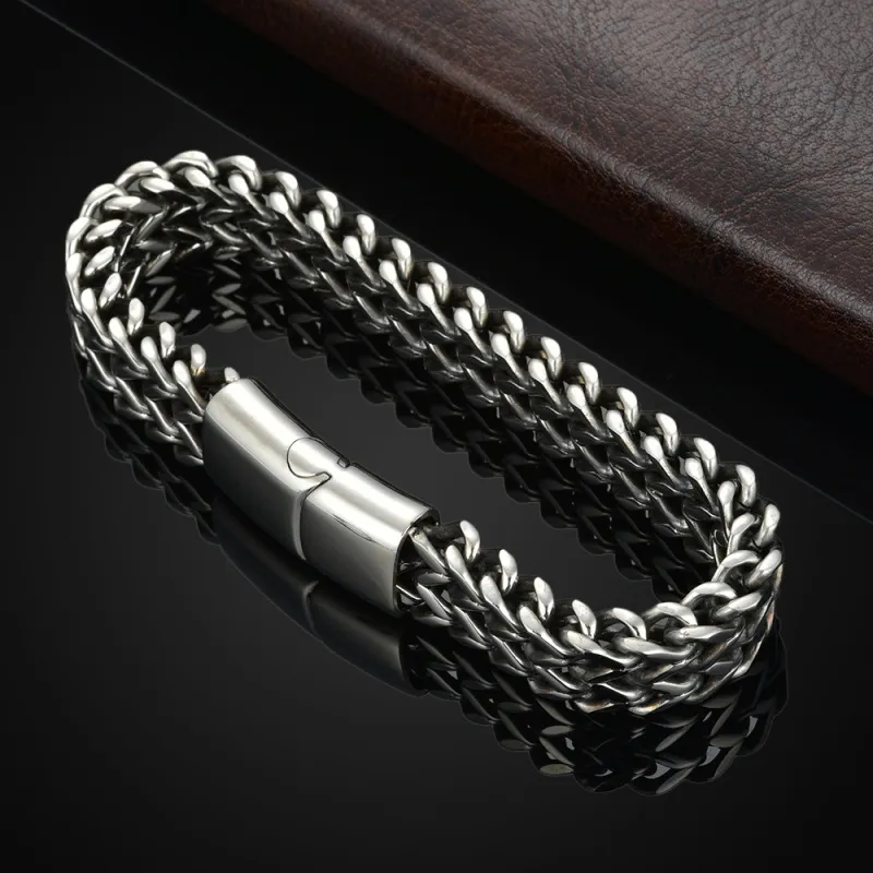 Men Fashion Stainless Steel Braided Double Row Titanium Steel Reverse Fish Scale Magnetic Buckle Bracelet