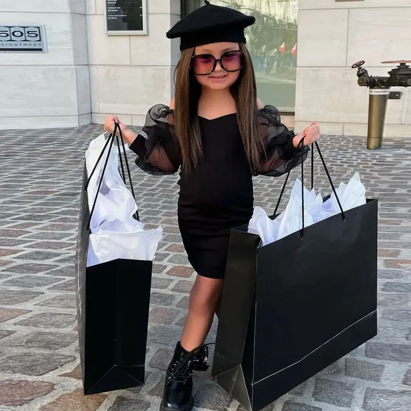 Children Kids Toddler Girls Mesh Long Sleeve Dress Cotton