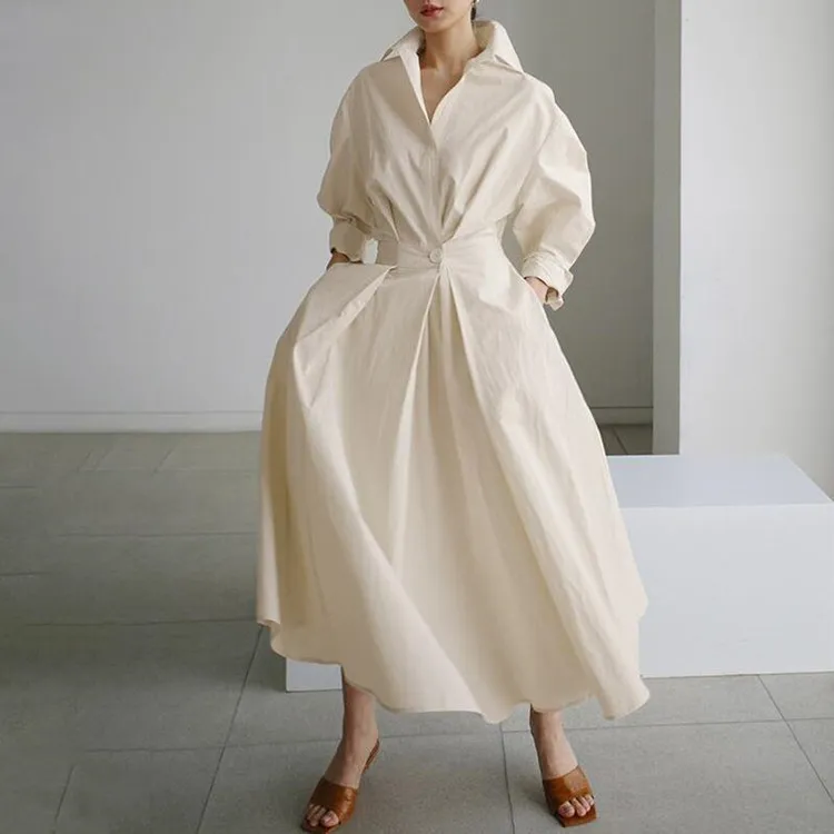 Women Elegant Solid Color Lapel Long Sleeves Bandage Ruffled Dress