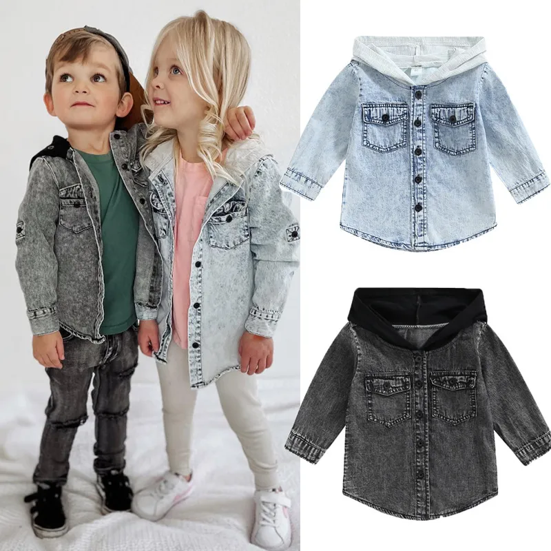Toddler Baby Infant Girls Boys Denim Patching Hooded Jacket Long Sleeves Solid Color Unisex Single-Breasted