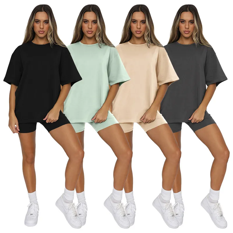 Women Athleisure Solid Color Short Sleeve Round Neck Top And Casual Shorts Two-Piece Set