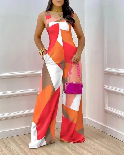 Women Flow Print Vest Long Jumpsuit Loose Fit Polyester