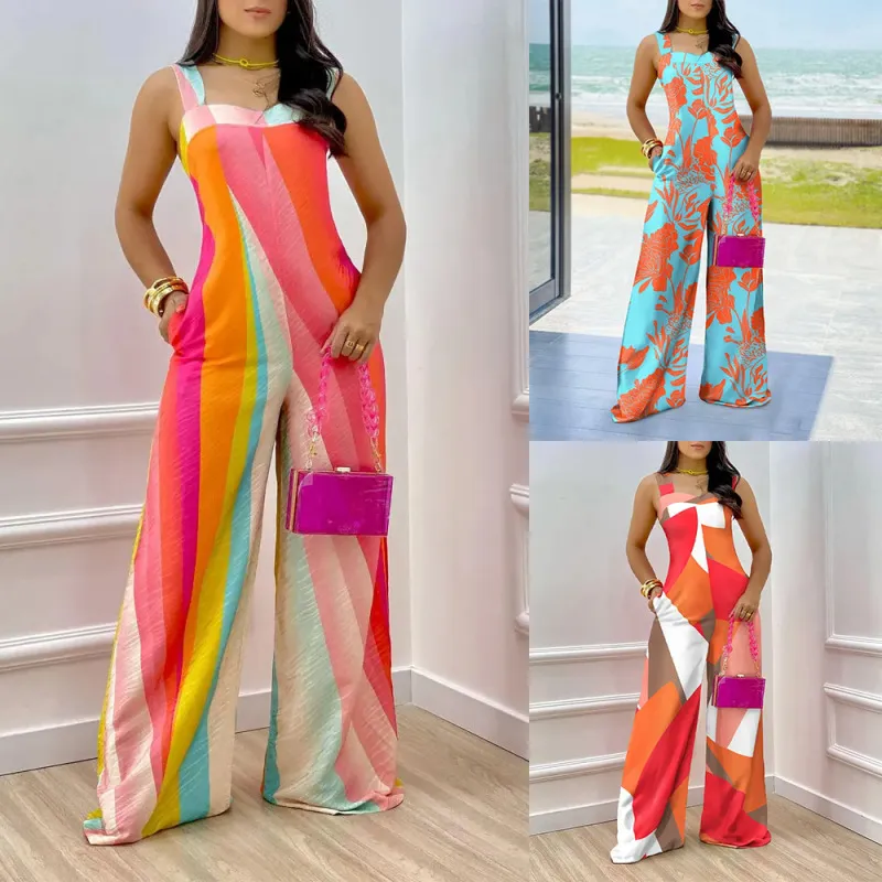 Women Flow Print Vest Long Jumpsuit Loose Fit Polyester