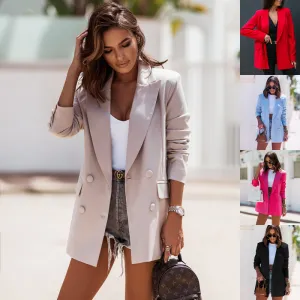 Women's Long Sleeve Double Breasted Suit Collar Casual Blazer