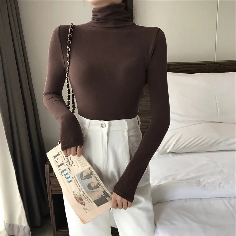 Women Basic Solid Color Spring Turtle Neck Long Sleeve Slim Fit Blouse