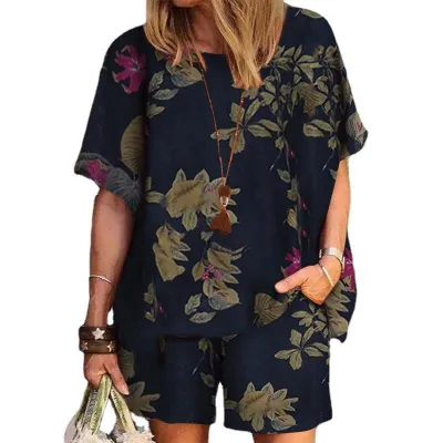 Women Vintage Floral Print Crew Neck Short Sleeve Top And Shorts Set