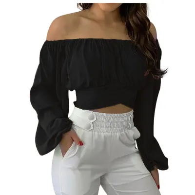 Women Off Shoulder Long Sleeve Floral Cropped Blouse
