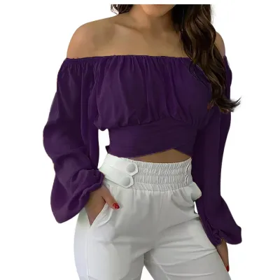 Women Off Shoulder Long Sleeve Floral Cropped Blouse