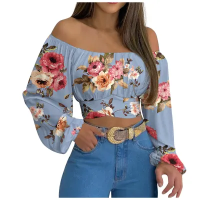 Women Off Shoulder Long Sleeve Floral Cropped Blouse